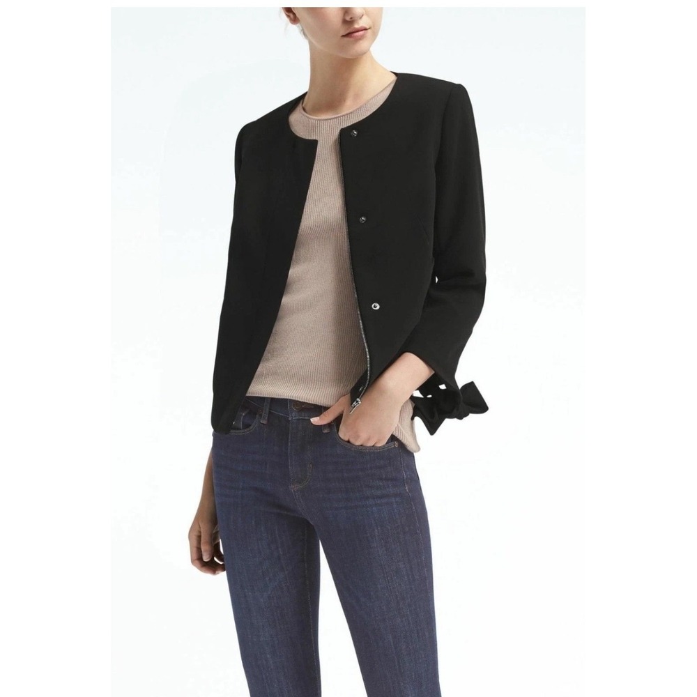 Banana Republic Black Bow Cuff Collarless Blazer Jacket Tall 10 Snap Front